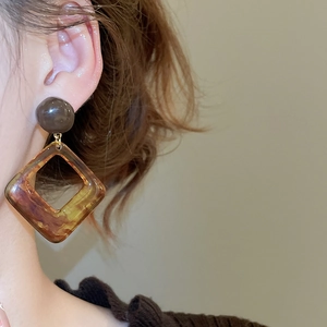Detail shot of amber tortoiseshell resin square earrings on model for vintage look