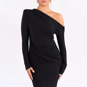 Detail of black shimmer dress featuring one-shoulder long sleeve and waist knot design