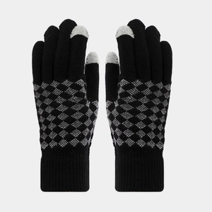 Close-up of diamond pattern knit gloves with touchscreen-compatible fingertips for winter
