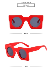 Detailed views of red square sunglasses frames with black round lenses in C2 color