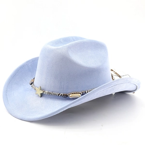 Close-up of light blue suede cowboy hat featuring a braided band and star ornament
