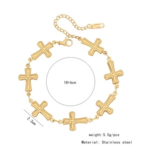 Detail of golden stainless steel cross bracelet showing 18+6cm length and 2.3cm cross size