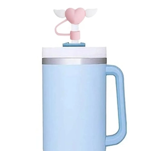 Blue insulated tumbler with handle and pink winged heart 10mm silicone straw topper