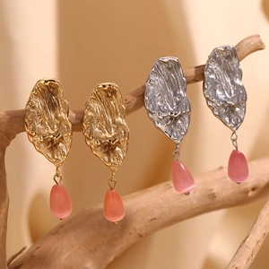 Vintage Butterfly Wing Drop Earrings Stainless Steel 18K Gold Plated Irregular Metal Pink Teardrop Stone Fashion Women