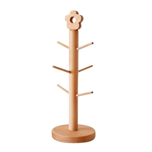 Solid wood entryway organizer rack with flower top and six hooks for keys and watches