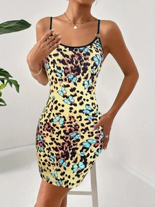 Sexy leopard and blue butterfly print bodycon mini dress with thin straps for women