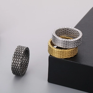 Detailed view of men's stainless steel rings in gold, silver, and vintage black colors
