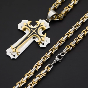 Two-tone stainless steel layered cross pendant necklace with gold and silver finish