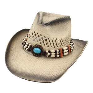 Western straw cowboy hat with turquoise bead band and vintage distressed edges