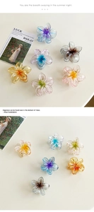 Macro shot of 8cm resin plumeria claw clips with gradient colors and glitter finish