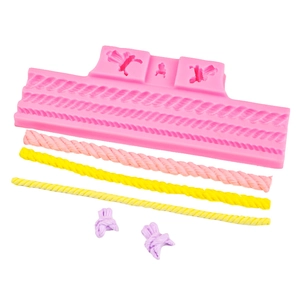 Pink silicone rope mold for chocolate cake decoration with twisted rope and bow designs