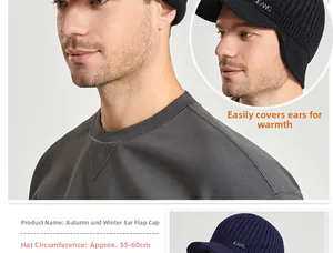 Detail of winter knitted peaked cap with ear protection and a metal Jeans plate tag