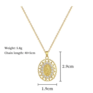Detailed view of oval Virgin Mary pendant with cubic zirconia and chain size dimensions