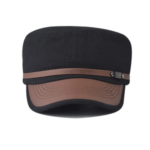 Classic cotton military flat top cap with brown leather brim and fashion metal plate