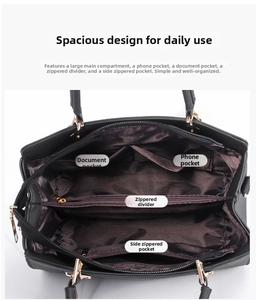 Internal view of black leather handbag showing multiple storage compartments and pockets