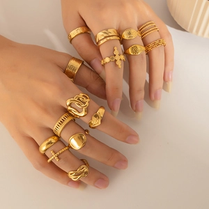 18K gold plated stainless steel ring set with geometric and heart patterns