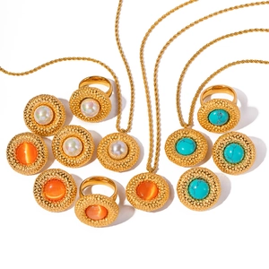 French vintage style 18k gold earrings set with turquoise and orange stones
