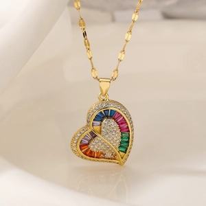 Exquisite gold-plated heart pendant necklace with rainbow baguette zircons and lip chain