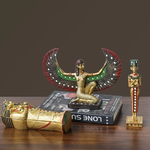 Ancient Egyptian resin statues set featuring Goddess Isis and Pharaoh golden coffin decor