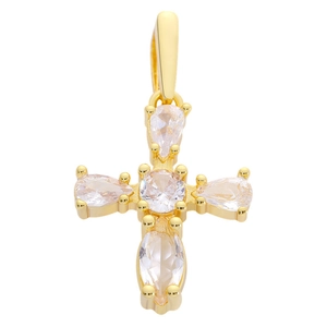 Macro shot of gold cross pendant with pear-cut clear zircons on white background