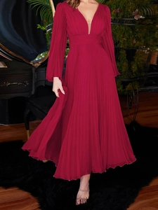 Elegant deep V-neck burgundy pleated maxi dress with long sleeves for party and evening wear