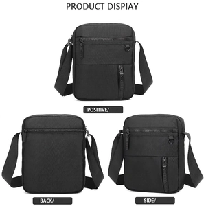 Waterproof black oxford cross-body bag for men shown from front, back and side views
