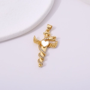 Gold winged sword pendant necklace with heart gemstone and sparkling stone accents