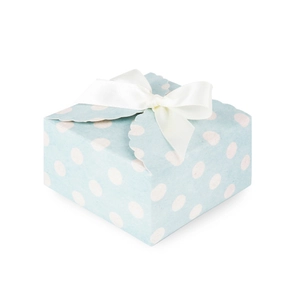 Dettaglio confezione regalo azzurra a pois con un elegante fiocco di nastro bianco