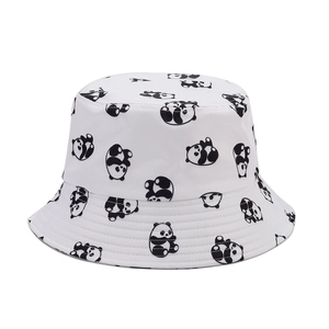 Summer bucket hat featuring cute cartoon panda print on white canvas for sun protection