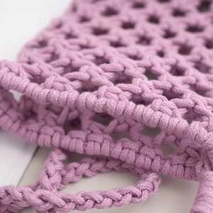 Trendy purple hand-woven knit crossbody phone bag with detailed cotton rope mesh pattern