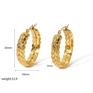 Detail view of 30mm golden wheat pattern hoop earrings with dimensions and weight info