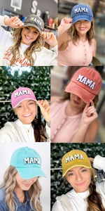 Collage of colorful vintage washed cotton baseball caps featuring MAMA patch embroidery