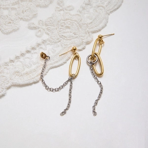 Detail of two-tone chain tassel earrings with gold oval link and silver chain on lace