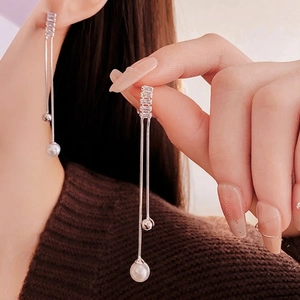 Long Chain Tassel Earrings With 925 Sterling Silver Earring Post Square Cubic Zirconia And White Artificial Pearl Elegant Jewelry
