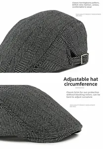 Close-up of herringbone newsboy cap with adjustable metal buckle and textured fabric
