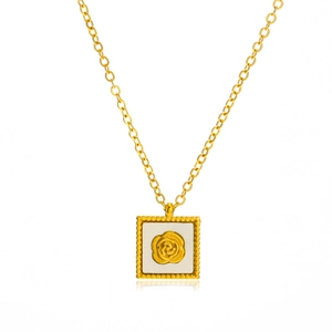 Gold stainless steel necklace featuring a square white shell pendant with a rose motif