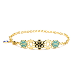 Böhmisches Armband mit 18K Vergoldung, blauem Emaille-Auge und floralen Anhängern