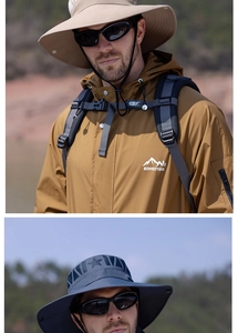 Detail of wide brim sun hats showing breathable star mesh and adjustable wind rope