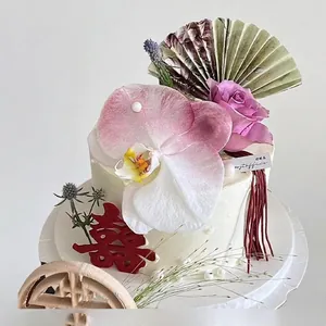 Chinese wedding cake topper set with artificial orchid, red double happiness and fan