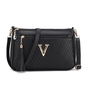 Black multi-pocket crossbody shoulder bag with stylish metal V logo and tassel charm for women.