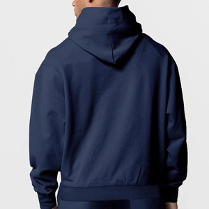 Rear view of navy blue hooded sweatshirt featuring ribbed cuffs and high-quality fabric texture