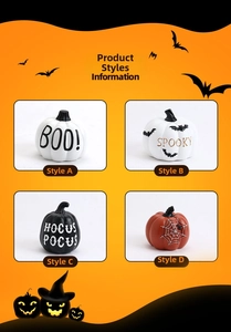 Set of four unique Halloween resin pumpkin decorations with Boo and Spooky typography