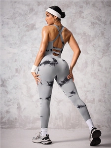 Damen Yoga Jumpsuit Tie Dye Ärmellos Cross Back Nahtloser Fitness Bodysuit Atmungsaktive Hochelastische Sportbekleidung