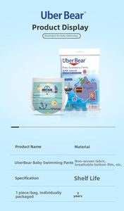 Specifications for Uber Bear baby swimming pants with material and shelf life details