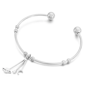 Silver celestial open bangle with hanging star moon and saturn charms in stainless steel