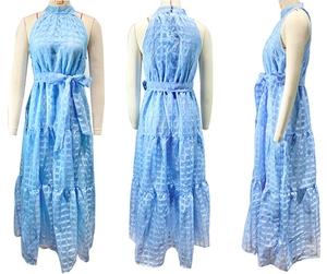 Three-way view of light blue plaid halter maxi dress with ruffled hem and waist belt