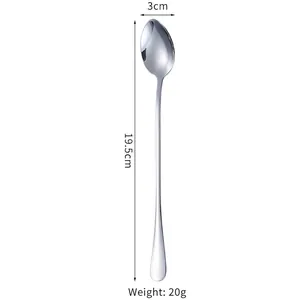 Detail view of 304 stainless steel long handle spoon with 19.5cm length dimensions