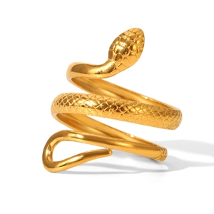 Macro shot of 18k gold plated stainless steel snake ring with detailed scale texture
