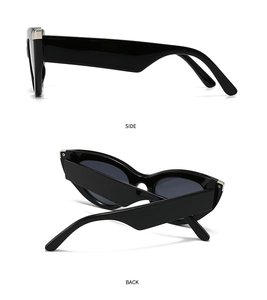 Detail view showing side and back angles of trendy black cat eye zebra sunglasses