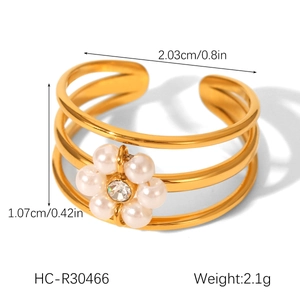 Detailed view of pearl flower open ring with dimensions and weight measurements